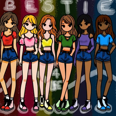 a group of girls wearing crop tops and shorts