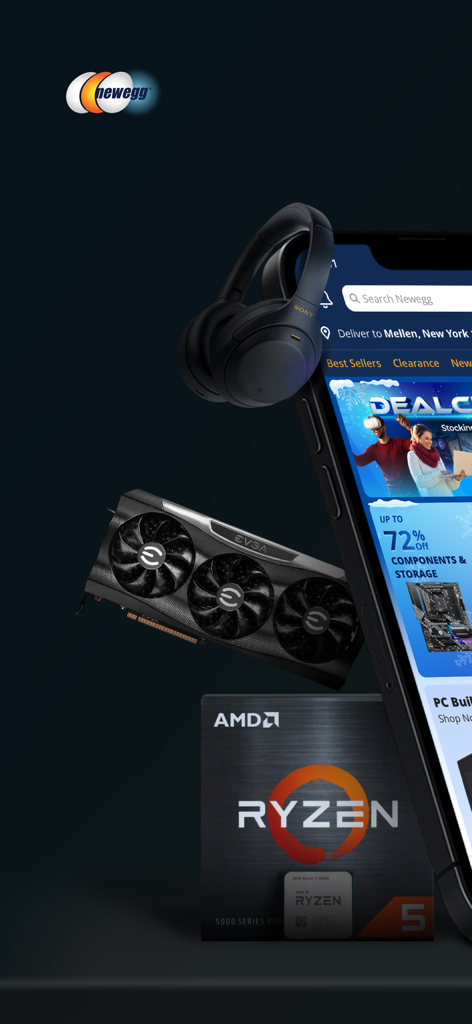 Newegg - Tech Shopping Online - Interface de l'application mobile Newegg sur l'écran d'un smartphone montrant des offres technologiques et des composants informatiques