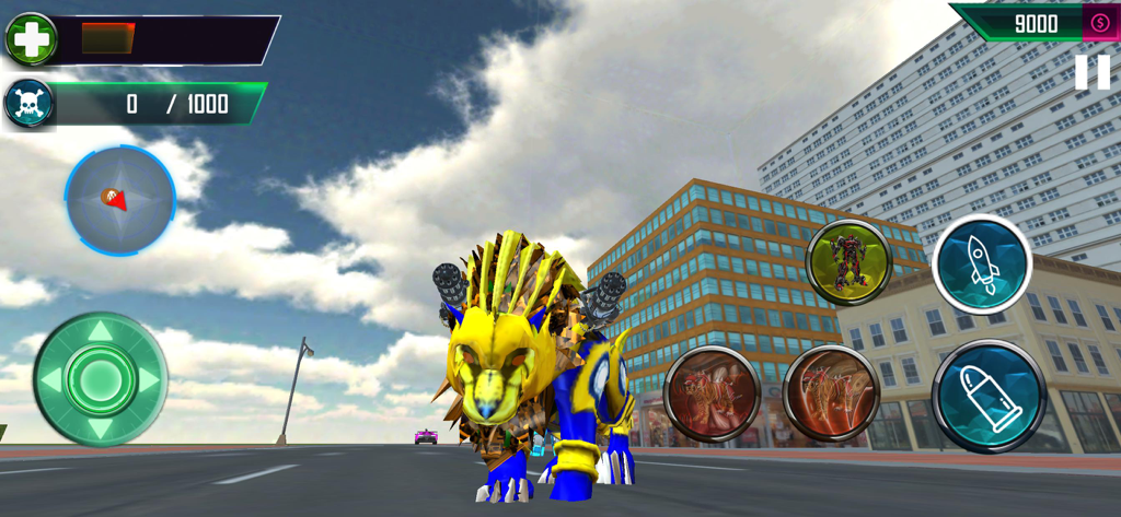 Car Spider Robot Transforming - León robótico con armas montadas de pie en una calle de la ciudad en el juego Car Spider Robot Transforming