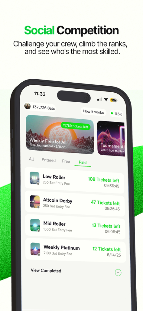 Ember app screen showing social competition and cryptocurrency tournaments with entry fees in Satoshi.