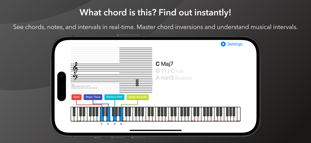 Real-time chord detection interface on the Intervals and Chords app showing a C Maj7 chord with keyboard and staff visualization.
