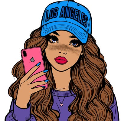 realistic beautiful girl wearing los ángeles cap holding an iphone