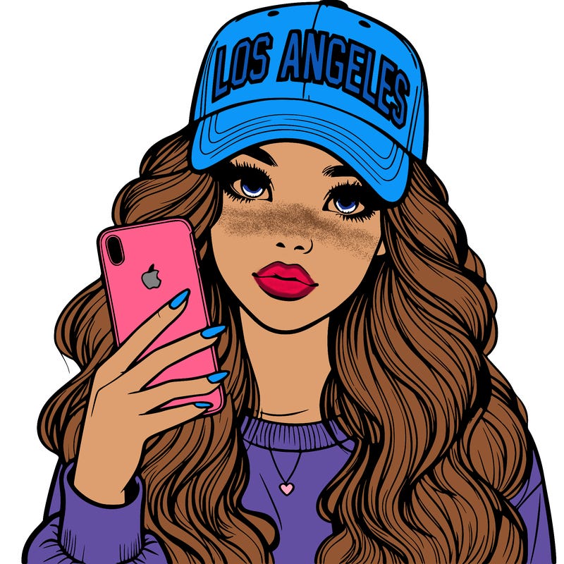 realistic beautiful girl wearing los ángeles cap holding an iphone