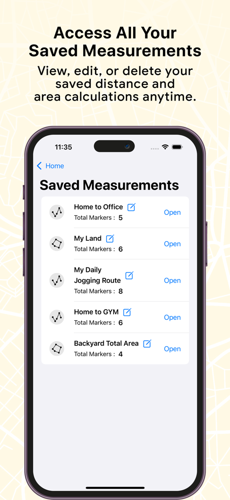 Field & Distance Calculator - Interface mostrando a lista de medições salvas no aplicativo Field and Distance Calculator com opções para visualizar e editar cálculos de área e distância de terra salvos.