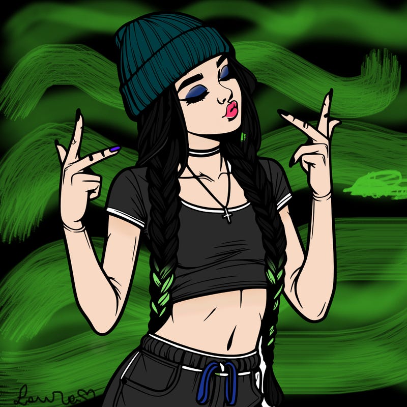 realistic teenage girl with braids and a beanie and crop top doing 🫶🏼