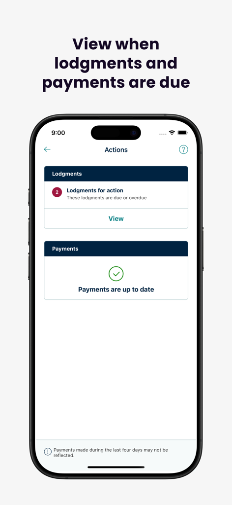 Australian Taxation Office - Screenshot of the Australian Taxation Office app showing due lodgments and current payment status.