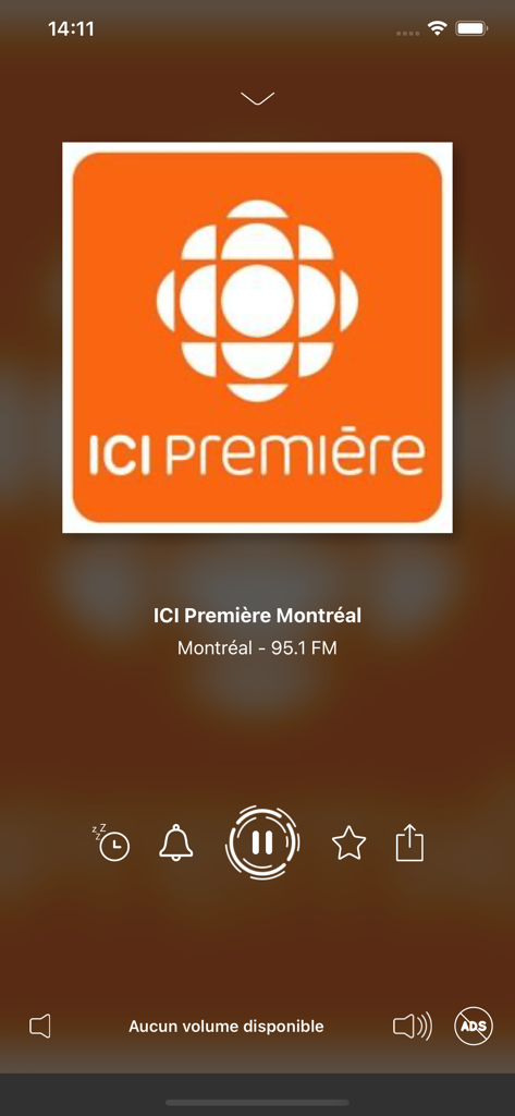 Radio Canada mobile app playing ICI Premiere Montreal radio station