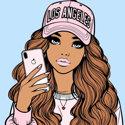 realistic beautiful girl wearing los ángeles cap holding an iphone