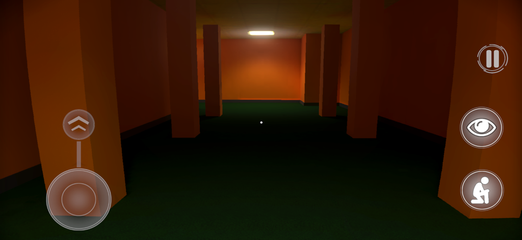 Backrooms: Level Fun - 사각 기둥이 있는 음산한 오렌지색 복도와 모바일 게임 인터페이스의 1인칭 시점