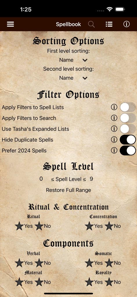 D&D Spellbook 5e - Interface of the D&D Spellbook 5e app showing sorting and filtering options for spells on a parchment-style background
