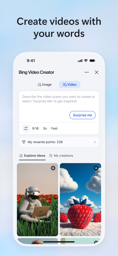 Interfaccia dell'app Microsoft Bing che mostra la funzionalità AI Video Creator con una casella di testo e esempi di video generati come un astronauta e una fragola.