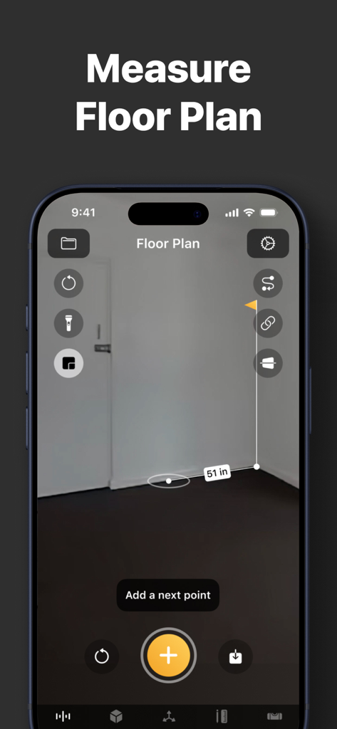 iPhone screen displaying a floor plan measurement using augmented reality technology