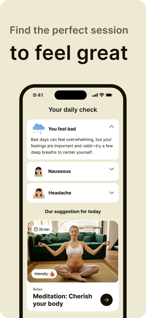 Interfaccia del tracker giornaliero dei sintomi e suggerimenti di meditazione nell'app di yoga prenatale Eve.