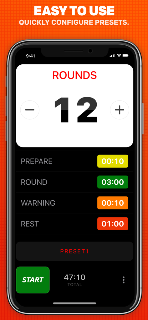 Boxing Timer Pro Round Timer - Boxing Timer Pro mobile interface showing settings for 12 rounds including preparation and rest intervals