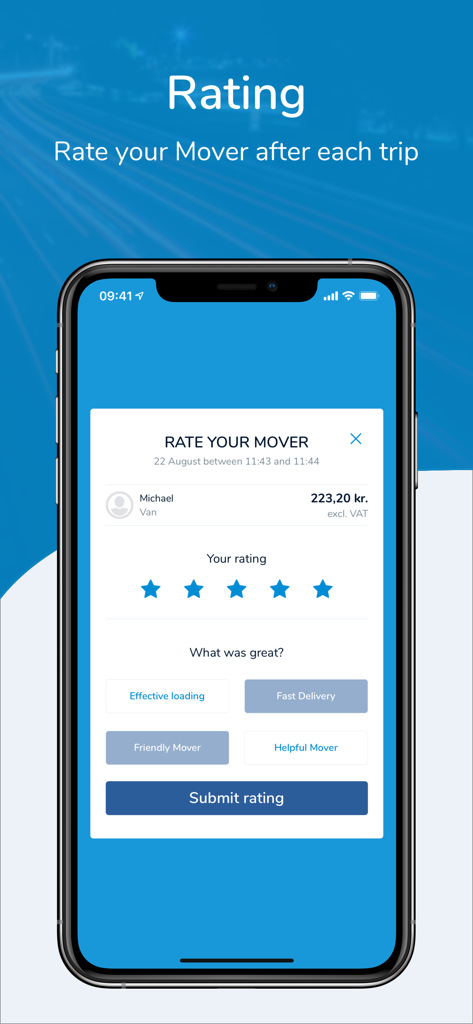 Interface do aplicativo Mover mostrando uma tela de avaliação de cinco estrelas para um motorista com opções de feedback como entrega rápida e serviço amigável