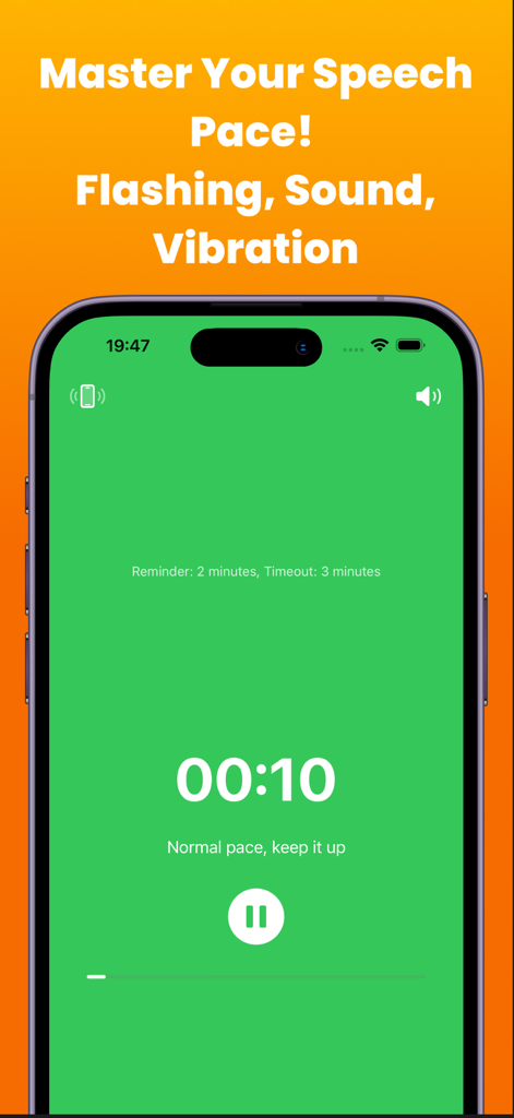 Interfaz de la aplicación PaceTimer con fondo verde y temporizador que muestra el ritmo normal del habla