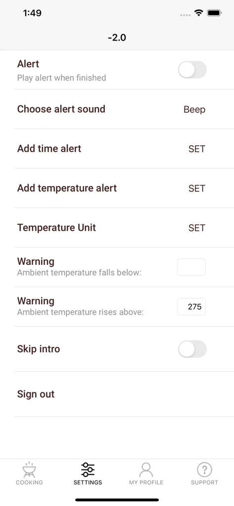 Witt CookPerfect - Settings menu in the Witt CookPerfect app featuring alert and temperature notification controls