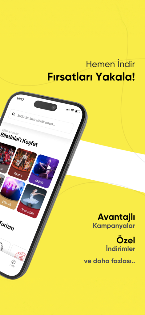 Un téléphone mobile affichant l'interface de l'application Biletinial avec des catégories d'événements pour le théâtre et la musique