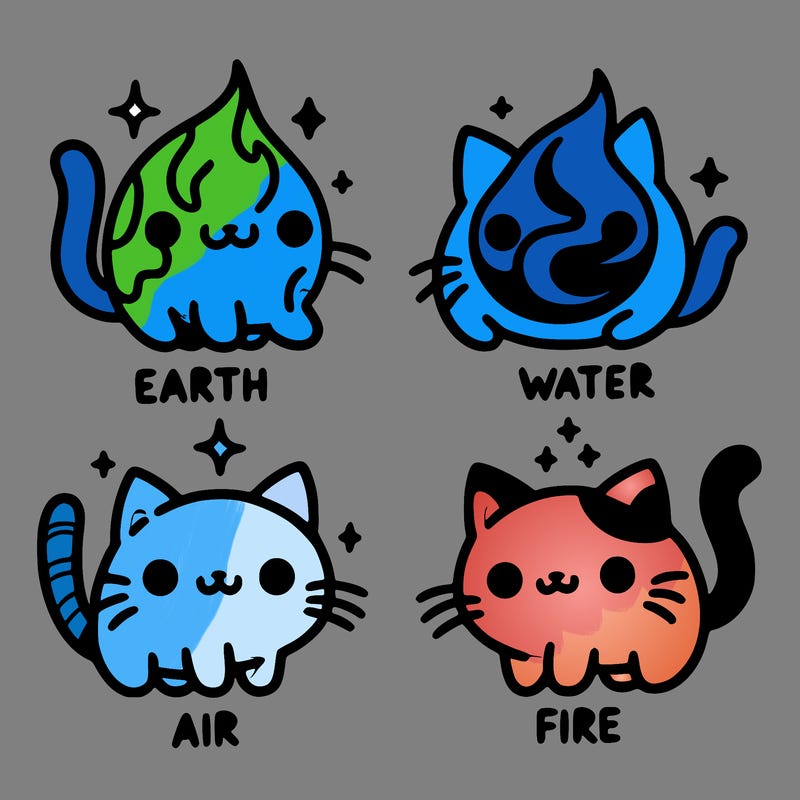 4 cats that represent the different elements, earth, water, air, and fire