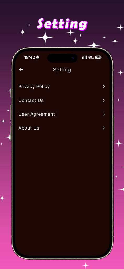 Face Morph AI - A tela de configurações do aplicativo Face Morph AI mostrando opções de menu para Política de Privacidade, Contato, Contrato do Usuário e Sobre Nós.