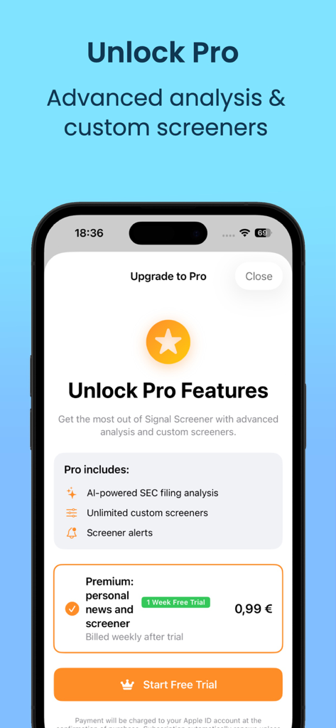 Stock Screener - AI Analysis - Interfaz de la aplicación Screener de Acciones Análisis IA que muestra las funciones de suscripción premium y un botón para iniciar prueba gratuita