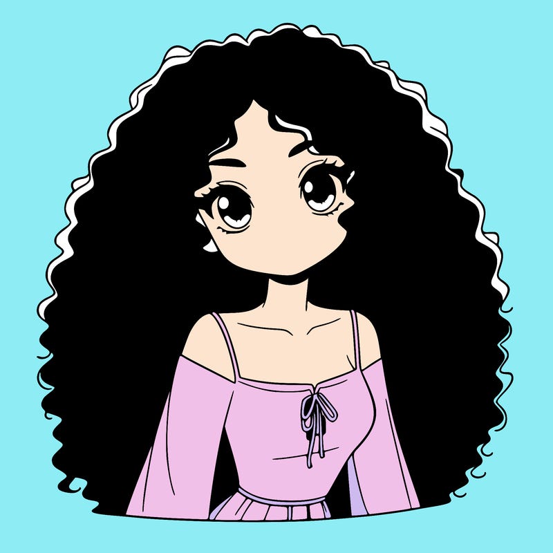 a black anime girl with long afro hair