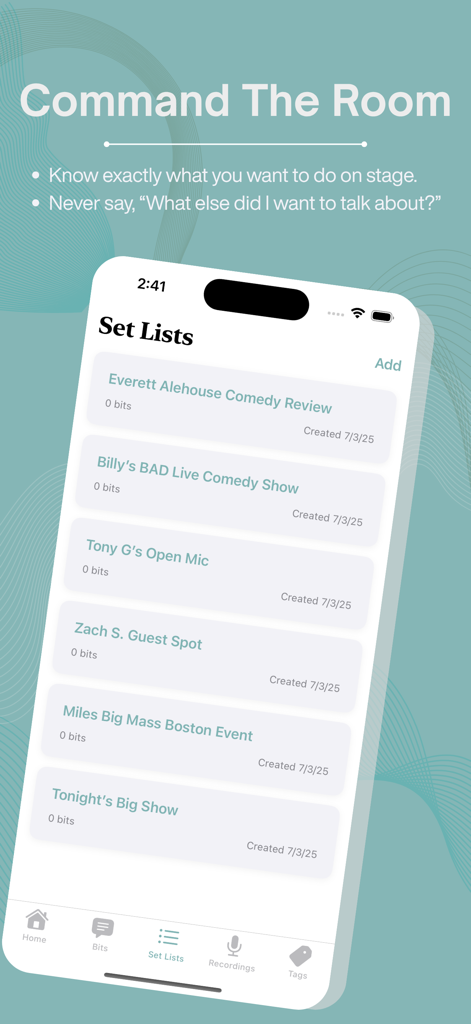 Set List: Standup Manager - The Set Lists screen of the Set List Standup Manager app showing a list of comedy show names and dates