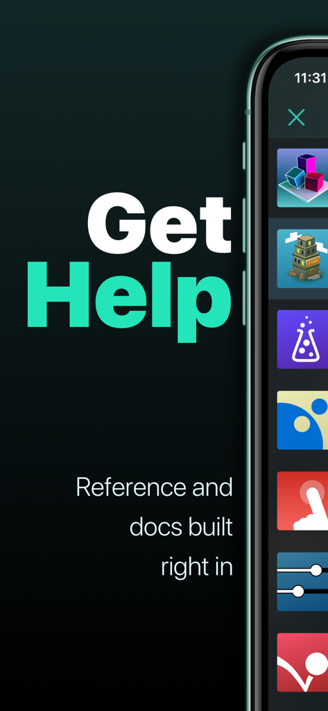 Codea - Pantalla de la aplicación Codea mostrando la sección Ayuda con funciones de referencia y documentación integradas