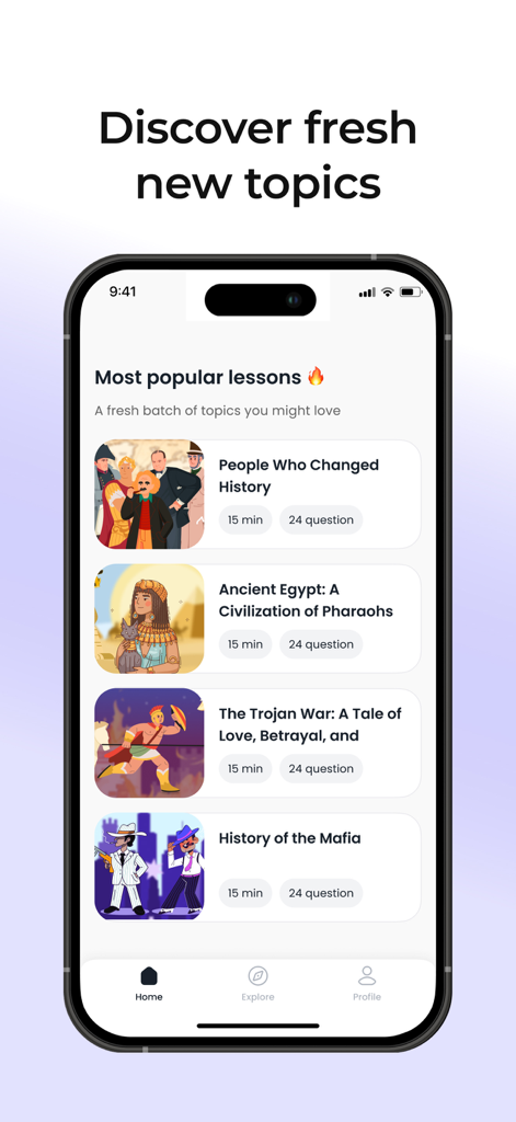 A smartphone screen displaying popular history lessons in the MyGrowth micro learning app