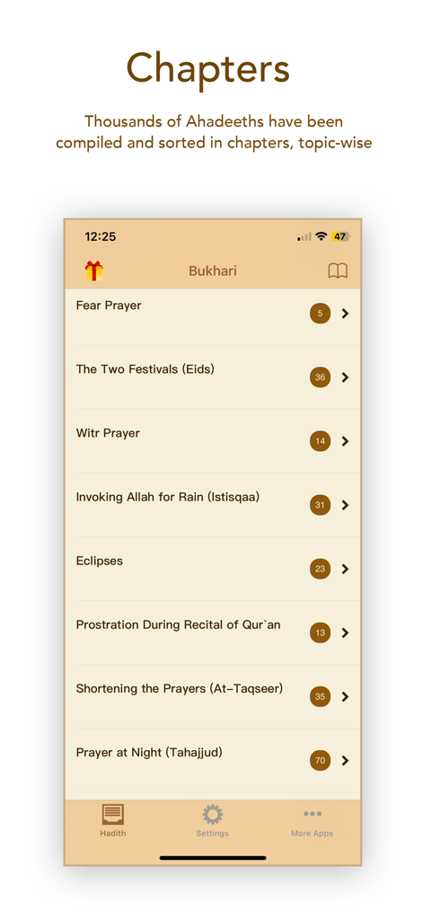 Interfaz de aplicación móvil que muestra capítulos categorizados de Hadices de Sahih Bukhari.