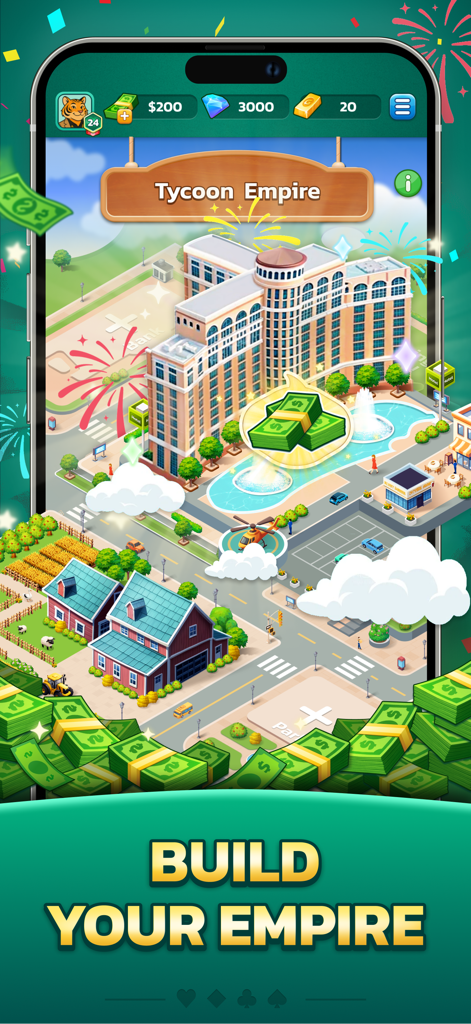 Captura de pantalla de la aplicación Solitaire Tycoon mostrando una simulación de construcción de ciudades con el texto Construye tu imperio y pilas de dinero.