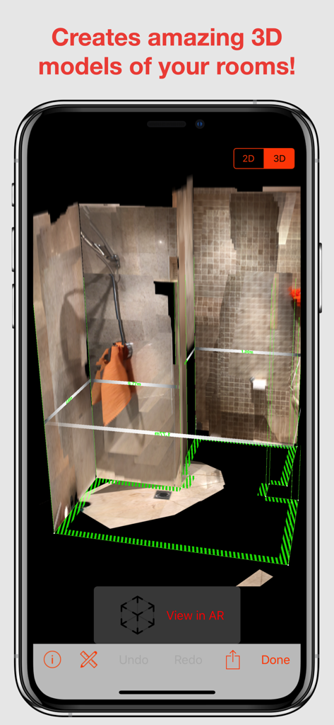 RoomScan Classic - Interface do aplicativo RoomScan Classic exibindo um modelo 3D detalhado de um banheiro escaneado com medições