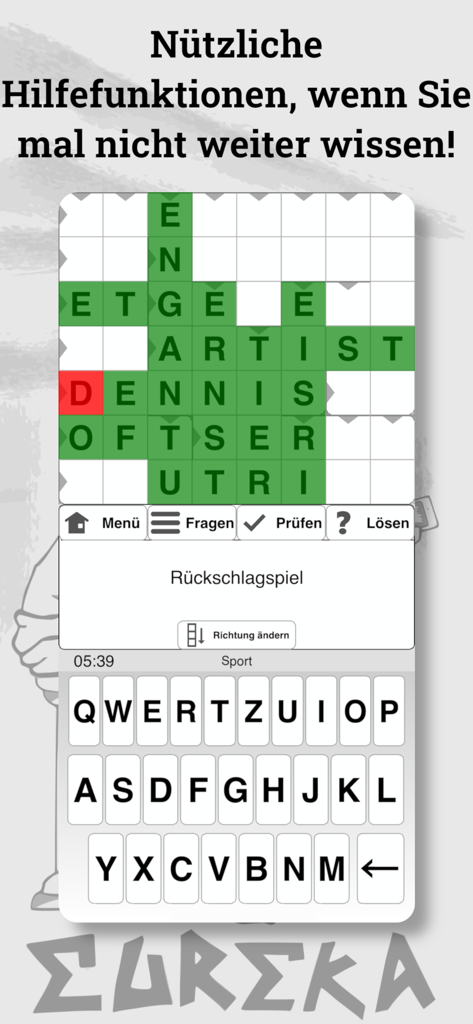 German crossword puzzle interface with help buttons and sports category clue