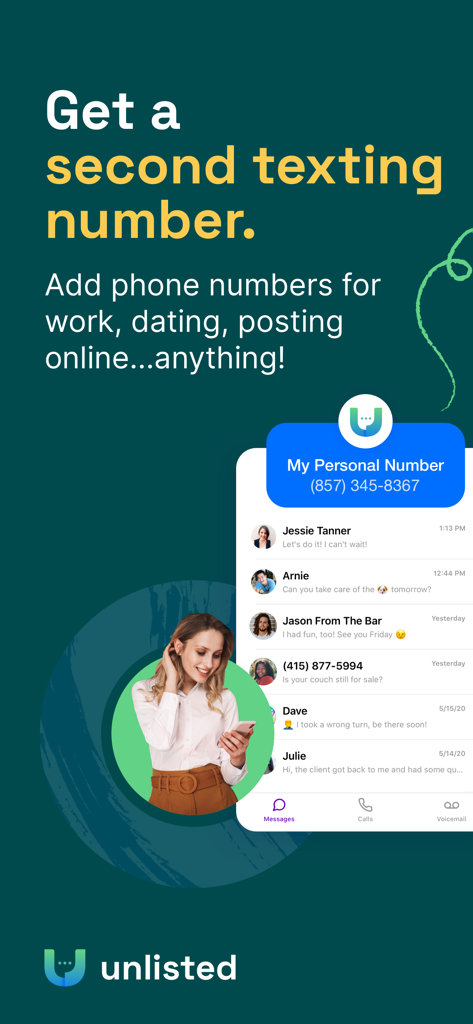 Second Texting Number:Unlisted - Unlisted app promotional screen showing a second texting number for work and dating