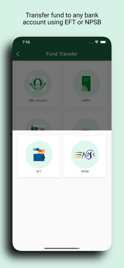 Optionen für die Geldüberweisung in der CellFin App mit EFT- und NPSB-Methoden