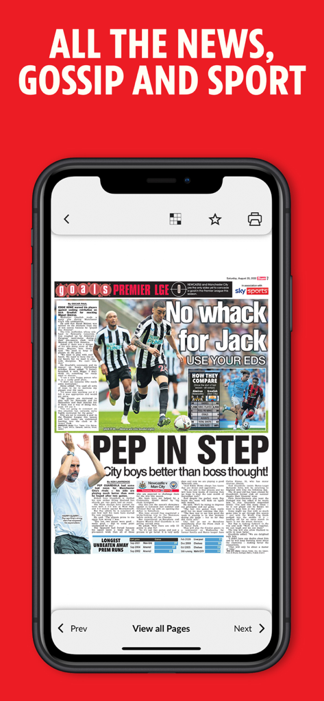 A smartphone screen showing the sports page of The Sun Digital Newspaper with headlines about Premier League football and Pep Guardiola.