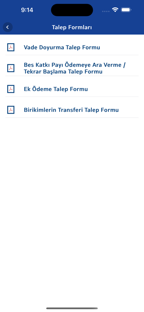 Katılım Cep - Interface de l'application mobile Katilim Cep montrant une liste de formulaires de demande de pension et d'épargne en turc.