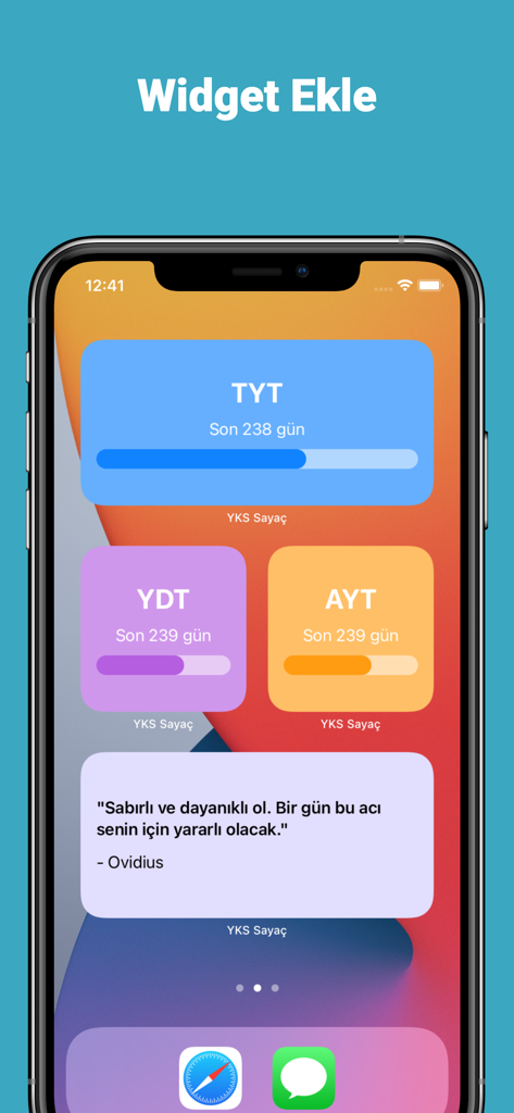 YKS Sayaç ve Widget - iPhone home screen with TYT AYT and YDT countdown widgets and a motivational quote