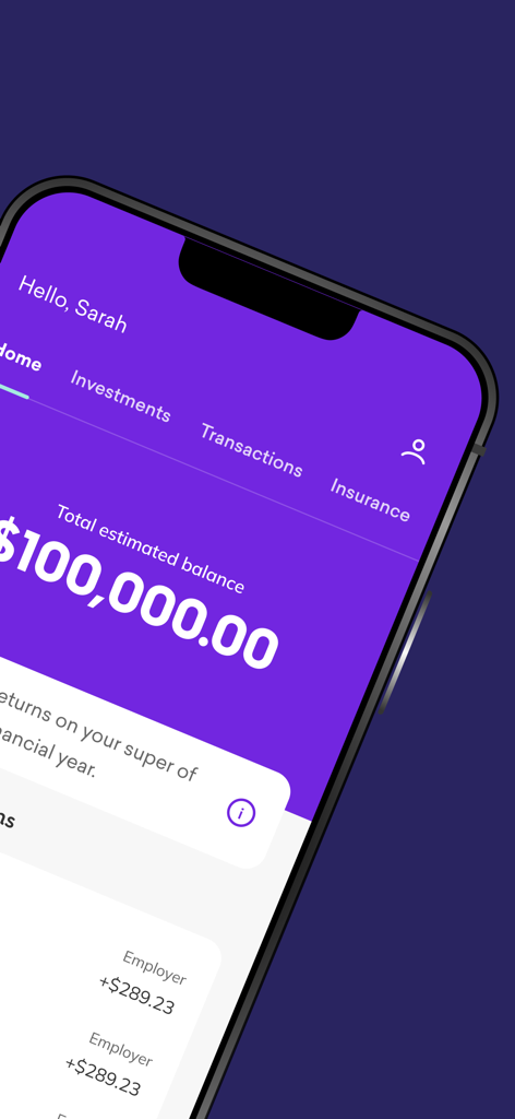 HESTA - HESTA app home screen displaying a total estimated superannuation balance of one hundred thousand dollars and recent transactions