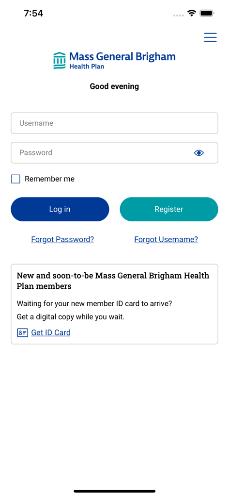 Login screen for the Mass General Brigham Health Plan app with username and password fields and registration options.