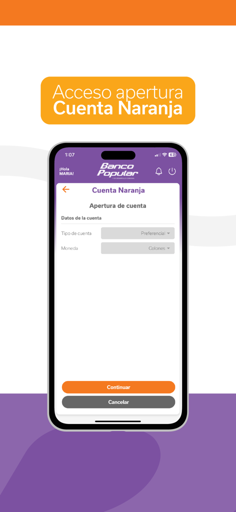 Schermata dell'app mobile per l'apertura di una Cuenta Naranja presso il Banco Popular