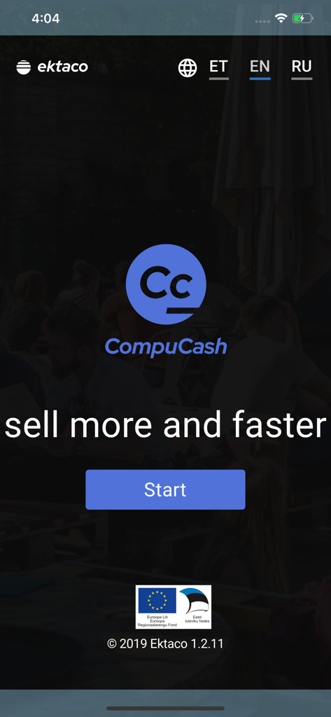 CompuCash POS app splash screen with a start button and the slogan sell more and faster