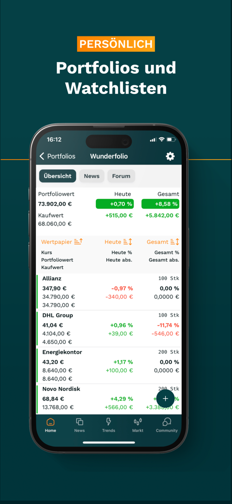 wallstreet online Stock Market - Smartphone displaying the wallstreetONLINE app portfolio and watchlist screen showing performance of various European stocks