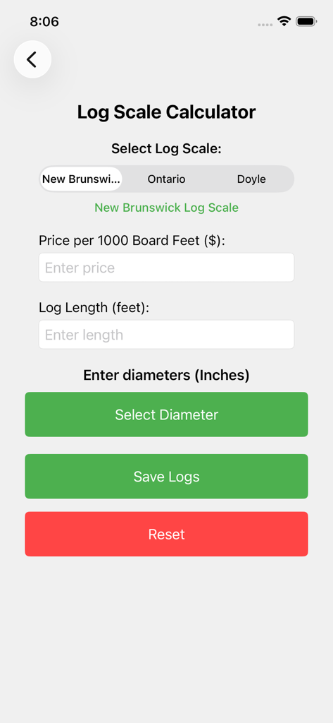 Interface of the Log Calculator app showing options for New Brunswick Ontario and Doyle scales with input fields for price and log length