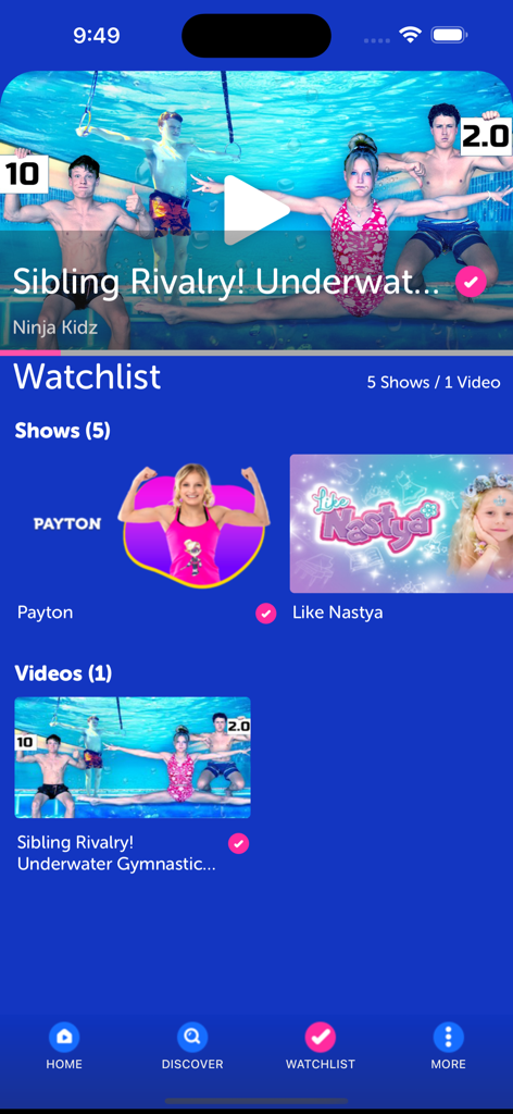 HappyKids - Videos for Kids - Interfaccia dell'app HappyKids che mostra una watchlist personalizzata di spettacoli e video per bambini.