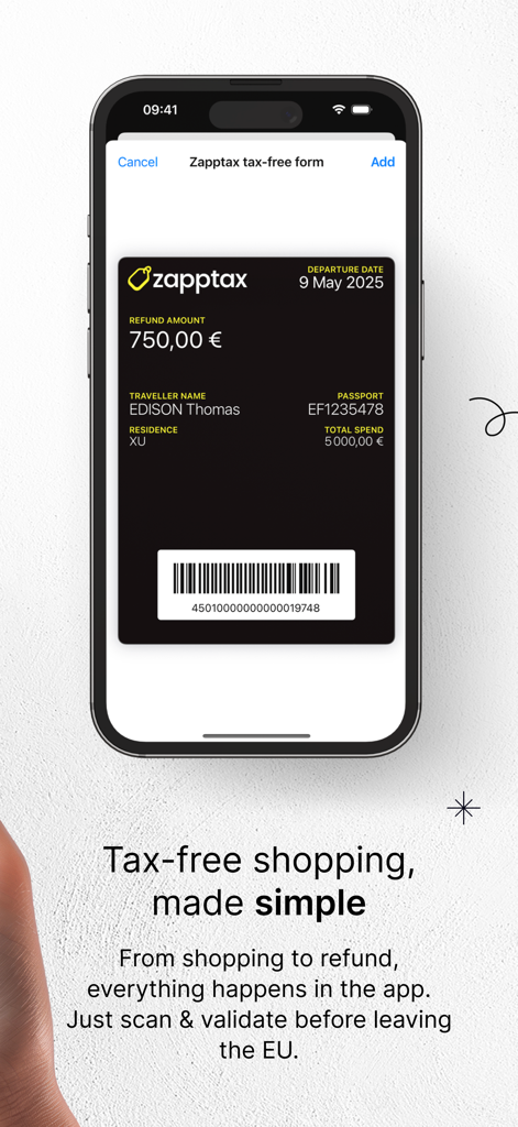 Zapptax — Shop Tax Free - Smartphone screen showing a Zapptax digital tax-free refund form with a barcode and refund amount