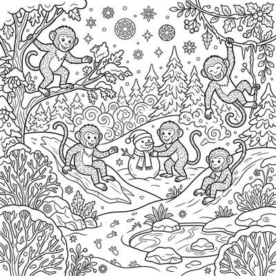 Embark on a joyful winter adventure with our adorable macaque friends! This charming coloring page captures monkeys playing in a snowy forest, perfect for young artists to bring to life.