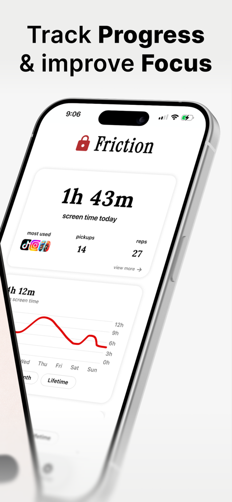 Friction - Reduce Screen Time - Friction app dashboard showing screen time stats and physical exercise reps to improve focus