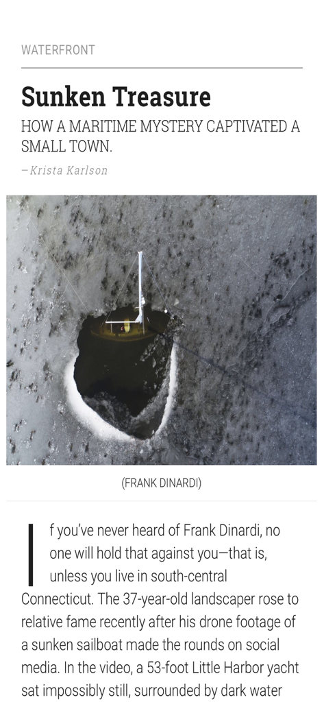 Artigo intitulado Sunken Treasure com uma foto de um iate submerso em um buraco no gelo