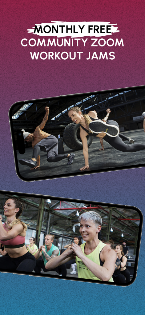 HIIT the Beat - Two smartphone screens displaying group and individual functional training workouts for monthly live community Zoom sessions.